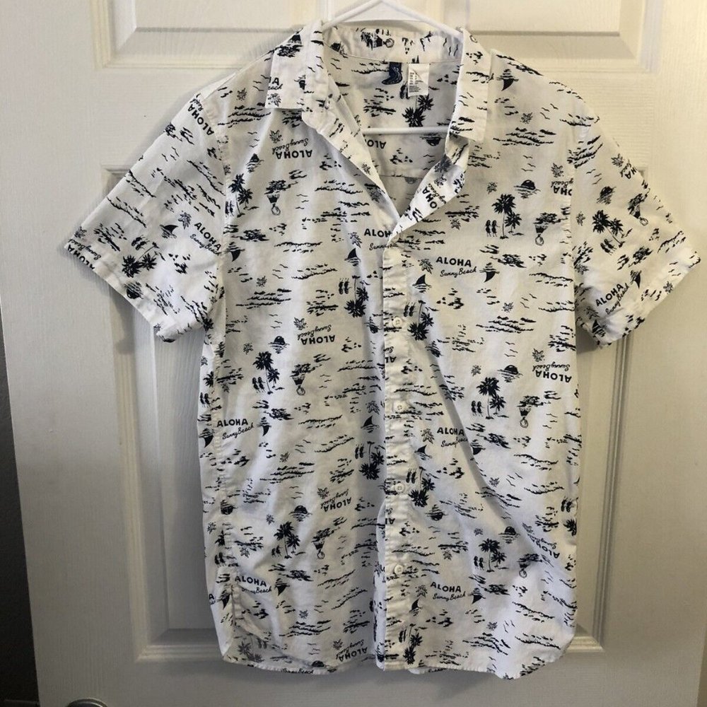 Divided By H&M White & Blue Aloha Hawaiian Shirt Size Small